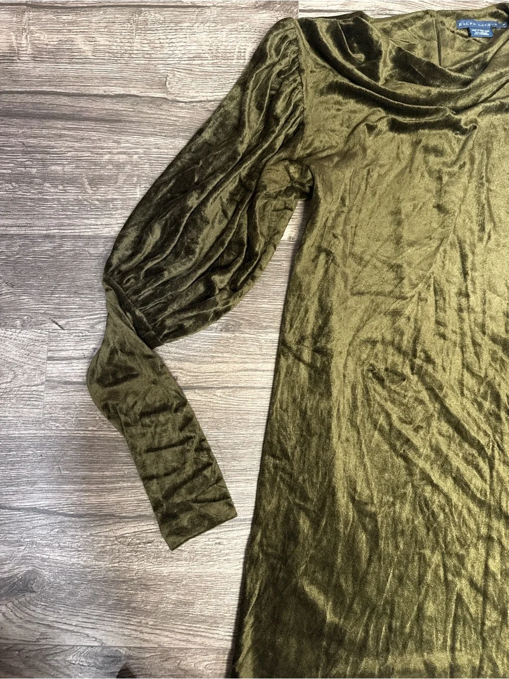 Vintage Ralph Lauren Olive Green Velvet Dress Puff Sleeve Cowl Neck Medium - Picture 4 of 10